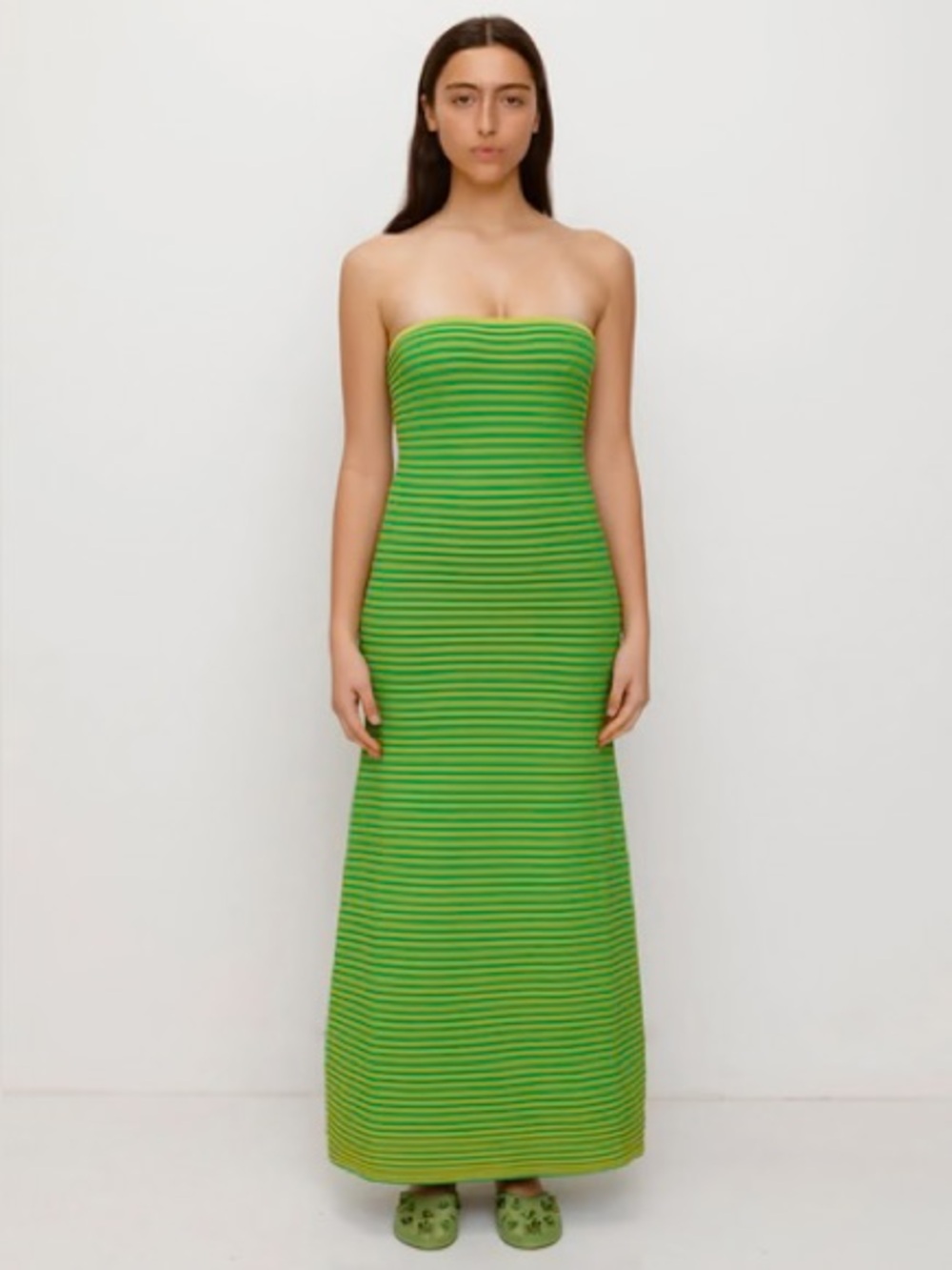 The Wolf Gang Strapless Green Striped Maxi Dress
